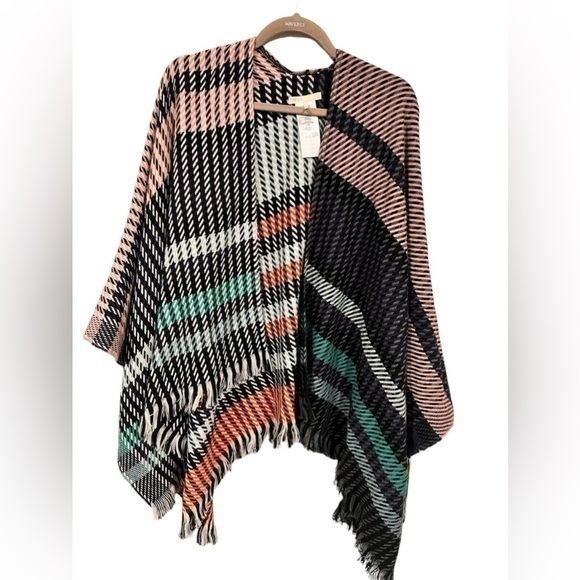 Maje Sweater Wool Blend Plaid Print Pattern Fringe Open Front Cape Poncho - Picture 1 of 3